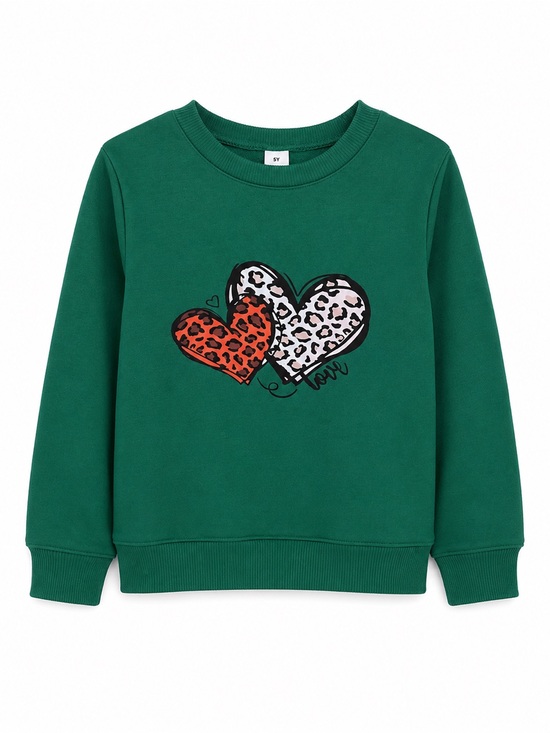 None Other - Girls Green Leopard Heart Sweatshirt Size 5Y Long Sleeve Pullover